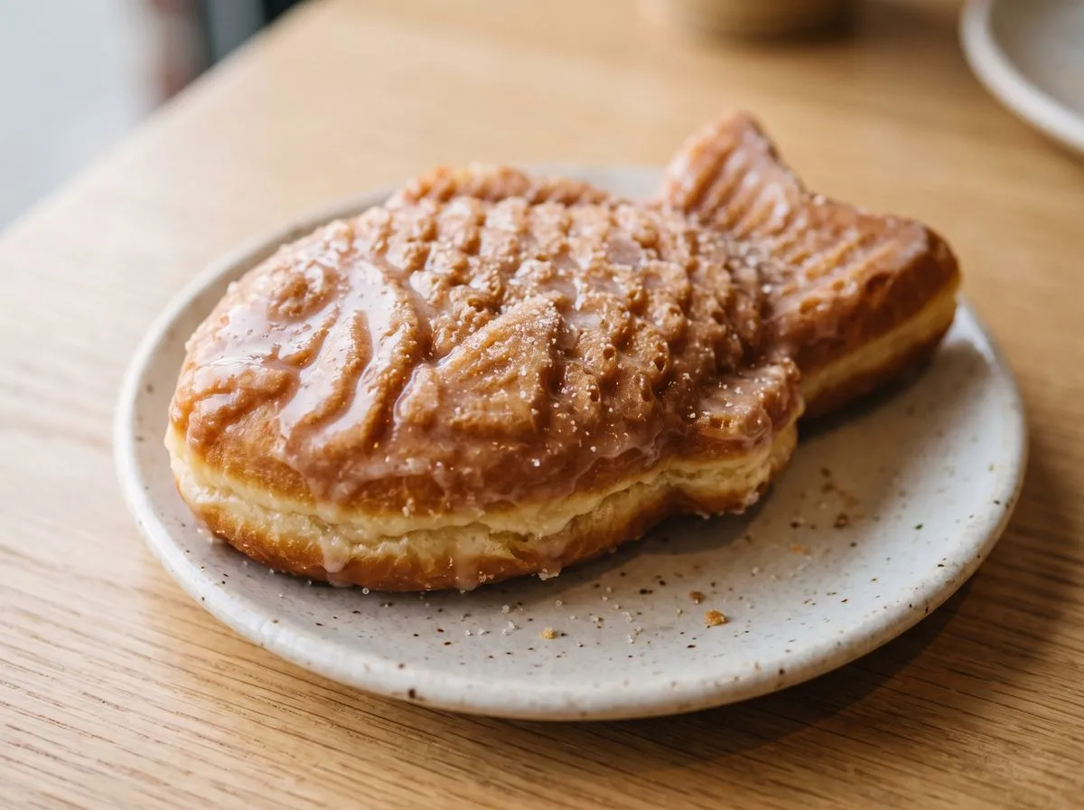 A fish-shaped Taiyaki Donut with a shiny glaze and sugar crystals, on a speckled plate.