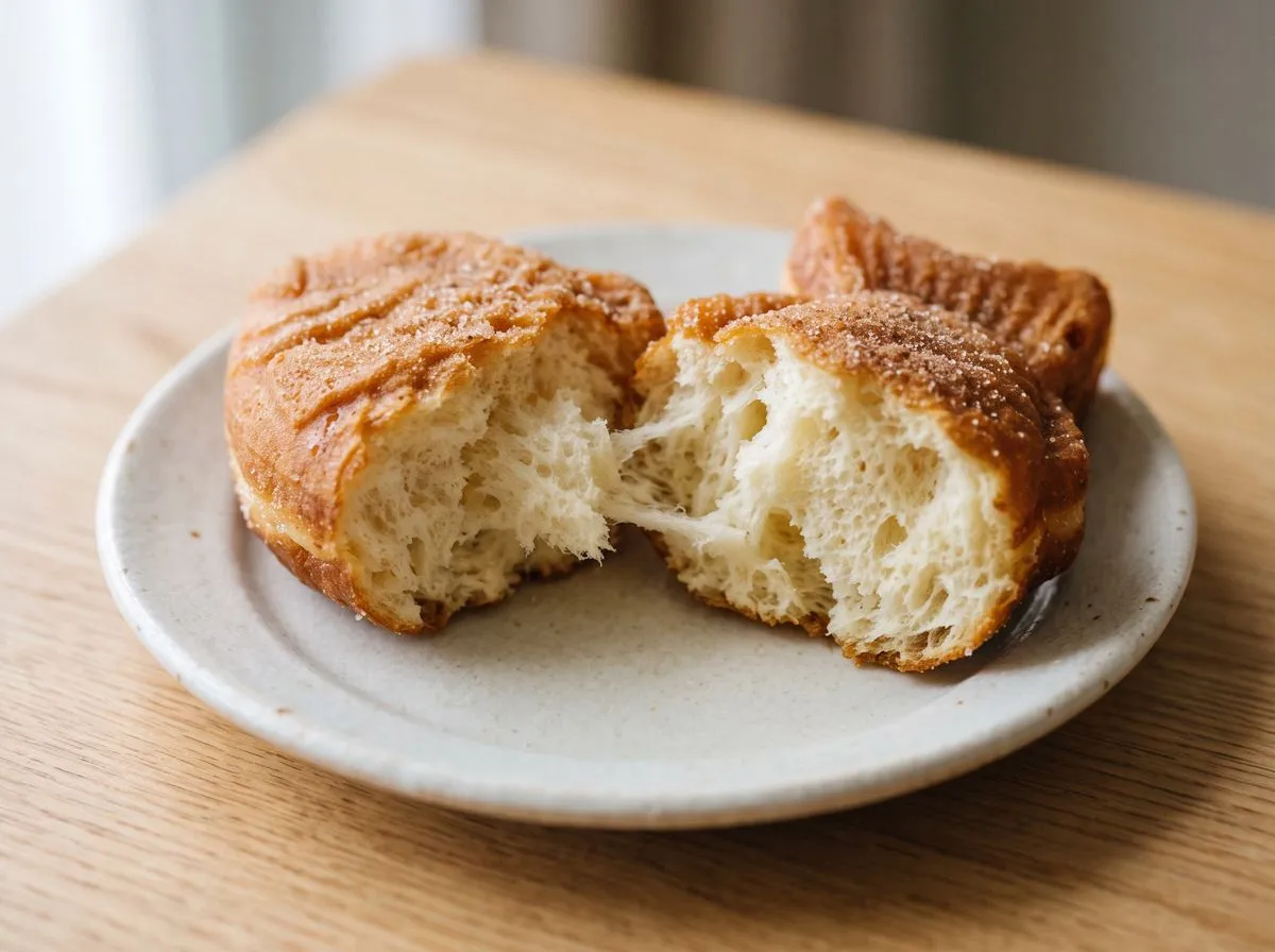 A Taiyaki Donut pulled in half on a speckled plate, showing a soft, airy, white inside and a golden sugared outside.