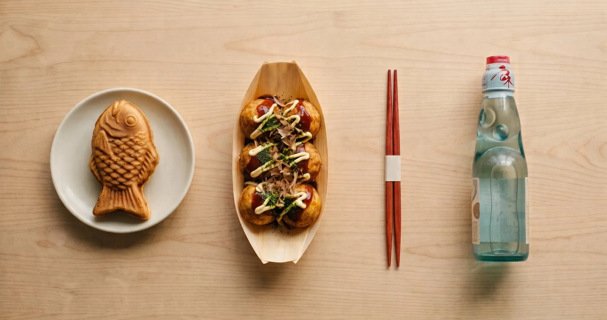 From left to right on a pale wood table: a fish-shaped Taiyaki Donut on a small white plate, a wooden boat of takoyaki topped with sauce, mayonnaise, seaweed and bonito flakes, a pair of red chopsticks, and a bottle of ramune soda.