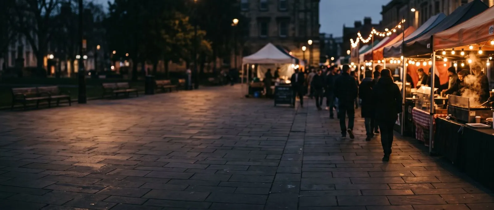 A food market at dusk with string lights over the stalls and people walking along a paved street.