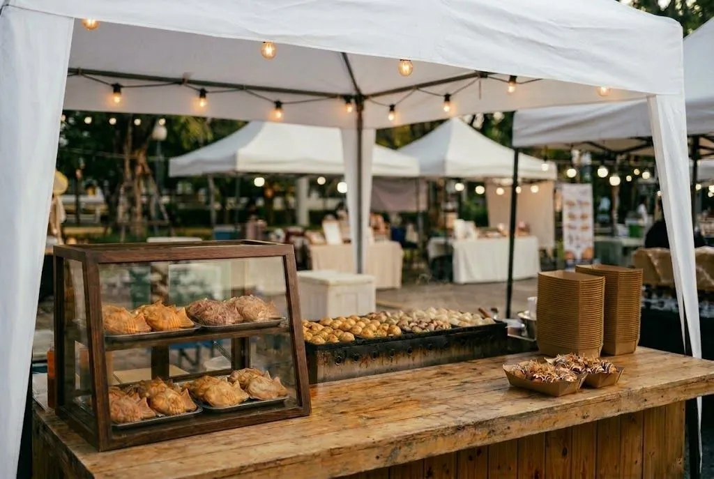 A market stall under a white canopy with string lights. A glass display box holds two shelves of fish-shaped donuts, and two boxes of takoyaki sit on a wooden counter.