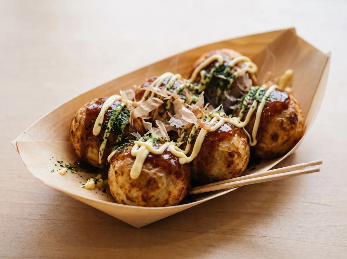 A wooden boat of six takoyaki topped with dark sauce, zigzags of mayonnaise, green seaweed flakes and thin bonito flakes, with two wooden picks.