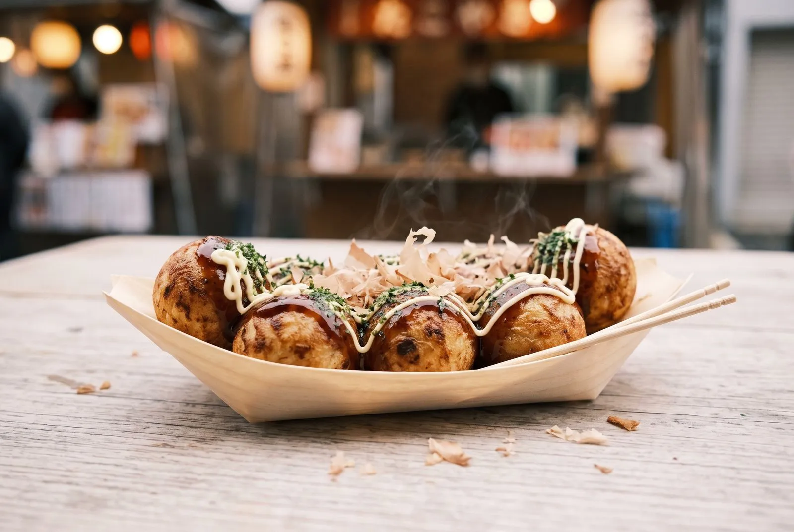 A wooden boat of steaming takoyaki with sauce, mayonnaise, seaweed and bonito flakes, on a weathered table, with a street food stall blurred behind.